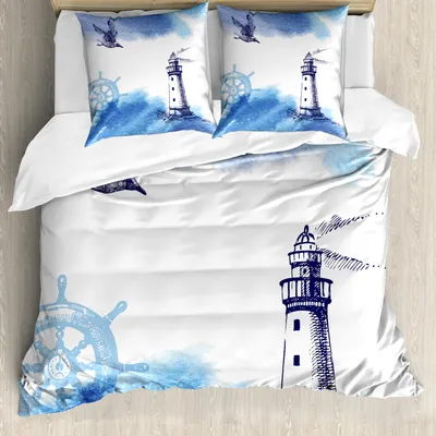 Produktbild von ABAKUHAUS Leuchtturm Bettbezug Set, Nostalgische Aquarelle mit Gull Ancient Anchor Leuchtturm-Seethema, 155 x 220 cm + 80 x 80 cm, Blau und weiß