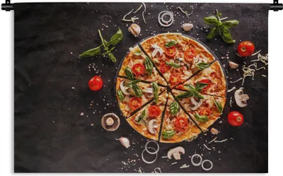 Produktbild von MuchoWow® Wandteppich Wandbehang Pizza - Gemüse - Kräuter - Küche - Industrie 90x60 cm Tapisserie Dekoration Wandtuch - Wandskulpturen - Bildteppich