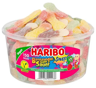 Produktbild von Haribo Saure Bärenzungen 150 Stück Fruchtgummi Runddose 1350g