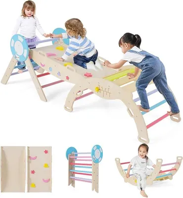 Imagen del producto de Estructura de escalada interior Silecomplaza 7 en 1, set de 3 elementos de escalada con tobogán, arco de escalada, incluye rampa de doble cara y set de bloques de construcción. Triángulo de escalada de madera para niños a partir de 1 año (multicolor)