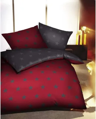 Produktbild von Kaeppel Biber Bettwäsche Stars in 135x200 cm + 80x80 cm Design 327-542 rubin grau rot Sterne