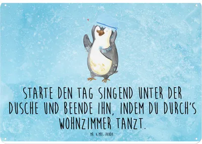 Produktbild von Mr. & Mrs. Panda tafel Pinguin Duschen DIN A4 - Eisblau - Geschenk, Duschkonzert, Retro Blechschild, Türschild Metall, Motivation, Schild, Singen, Wandbild, Baden