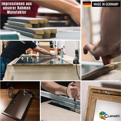 A collage of images showing the manufacturing process and details of a mirror frame.