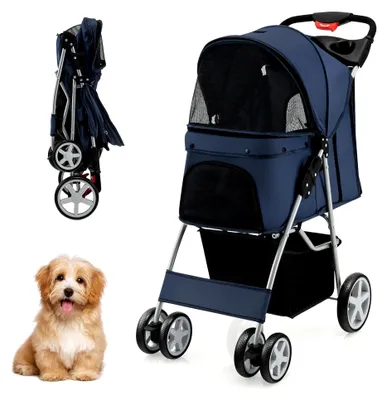 Produktbild von Hundebuggy für Haustiere bis 15 kg, klappbar, mit Netzfenstern, Getränkehalter und Aufbewahrungskorb, Kinderwagen für kleine Tiere (Dunkelblau)