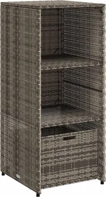 A grey wicker storage cabinet with shelves and a drawer.