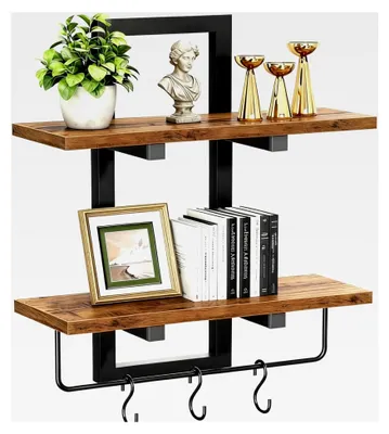 Produktbild von Wandregal Holz 2-stufig mit Handtuchstange und 3 Haken, Hängeregal für Wohnzimmer, Schlafzimmer, Badezimmer und Küche