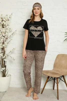 Produktbild von Damen Pyjama Schlafanzug Schwarz XL Kurz 3-Teiler Set mit Augenband S-31
