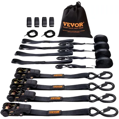 Obrázok produktu pre VEVOR sada 4 upevňovacích popruhov 0,025 x 4,6 m upevňovací popruh 998 kg západkový upevňovací popruh polyesterový popruh upevňovací popruh z uhlíkovej ocele háčiky západkový upevňovací popruh ideálny pre motocykle bicykle kajaky UTV člny ATV