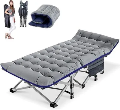 Productafbeelding van Camping Bed - Vouwbed Gastenbed - Kamperen Buiten - Met Matras Zijvakken - 190 x 71 cm - Grijs