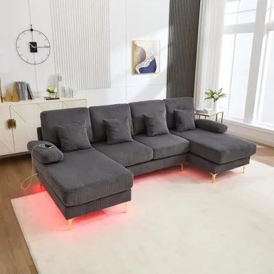 Immagine prodotto di Sweiko Divano moderno a U con illuminazione ambientale a LED e porta USB-C Struttura in legno massiccio, 4 lussuosi cuscini e schienale ergonomico di  per il massimo comfort, grigio