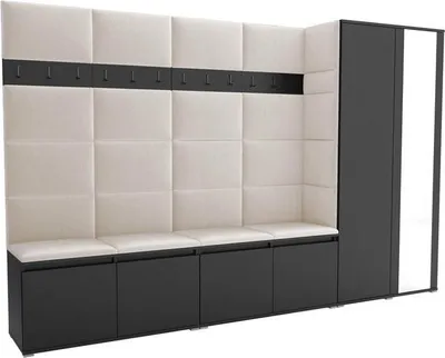 Produktbild von Garderoben-Set Noris V mit Spiegel, gepolsterte Garderobe 290 cm, Flurmöbel mit Wandpaneelen, 12 Haken und Schrank (Farbe: Schwarz + Trinity 01)