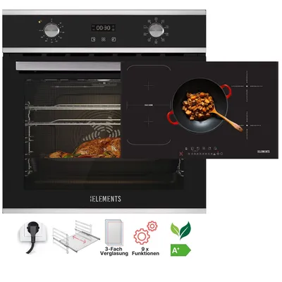 Produktbild von KB ELEMENTS Sparset, Einbauherd Set, Herdset, Induktionskochfeld 5 Kochzonen 77cm 9400 Watt, Einbaubackofen 60cm 70 Liter, EEK A+