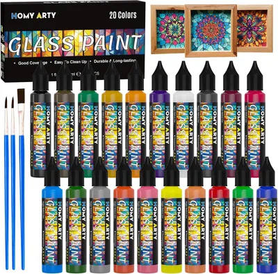Productafbeelding van ARTY Glasverf - 20 Kleuren x 30 ml met 3 Borstels Watergedragen Acryl Emaille Verf - Gebrandschilderde Glasverven voor Glas - Keramiek