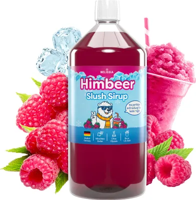 Produktbild von Belissia Slush Eis Sirup 1000ml Konzentrat | Himbeer Geschmack | sehr ergiebig in knalligen Farben (1:5) für bis zu 6 Liter | Glycerin frei
