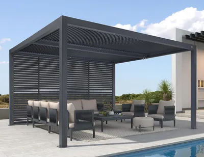 Produktbild von PURPLE LEAF Lamellenpergola 3,65 x 4,25 m, Aluminium, feste Lamellen, 1 lange Seite, verstellbares Dach, wasserdicht, stabil, winterfest, Terrasse