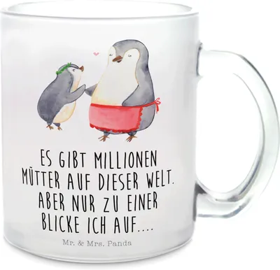 Produktbild von Mr. & Mrs. Panda Tee Tasse Pinguin mit Kind - Transparent - Geschenk, Teetasse, Mom, Pott, getränkebecher, aus Glas, Familie, Muttertag, Trinkglas, Mutter, Vorbild Mama