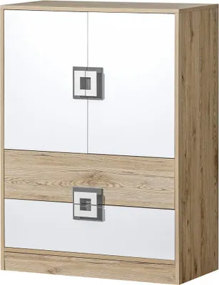 Produktbild von Furniture24 Kommode NICO 09, Schrank, Mehrzweckschrank, Highboard mit 2 Türen und 2 Schubkasten Hell Eiche/Weiß/Grau