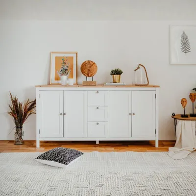 Immagine prodotto di Madia Bergen51 bianco 4 ante e 3 cassetto e top artisan rovere 180 cm