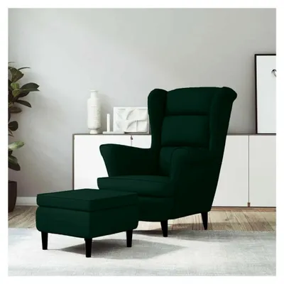 Produktbild von Ohrensessel mit Hocker, Polstersessel mit Armlehnen und Holzbeinen, Hohe Rückenlehne, Relaxsessel für das Wohnzimmer, Samt Dunkelgrün