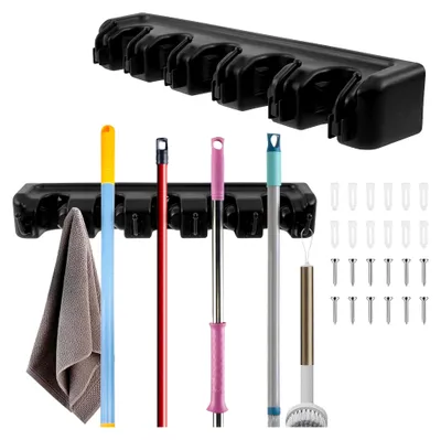Produktbild von 2er Set Wandbesenhalter mit Haken aus rutschfestem Kunststoff