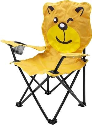 A yellow children's camping chair with a bear face design.