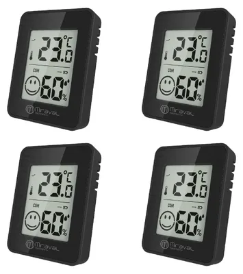 Produktbild von 4x Schimmelwarner Schwarz – Digital Hygrometer & Thermometer, Komfortanzeige mit Smileys, Magnet & Standfuß, °C/°F Anzeige kompakt