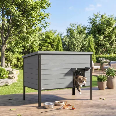 Produktbild von Katzenhaus wetterfest, Katzenhütte outdoor, Tannenholz, Hellgrau | 85x55x70 cm | bis 12 kg | aufklappbares Dach, herausnehmbarer Boden