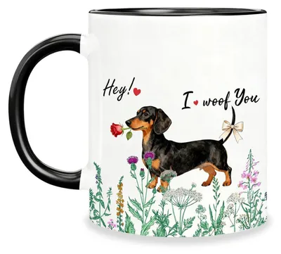 Produktbild von Kaffeebecher Dackel mit doppelseitigem Druck aus Keramik 9.5cm Höhe