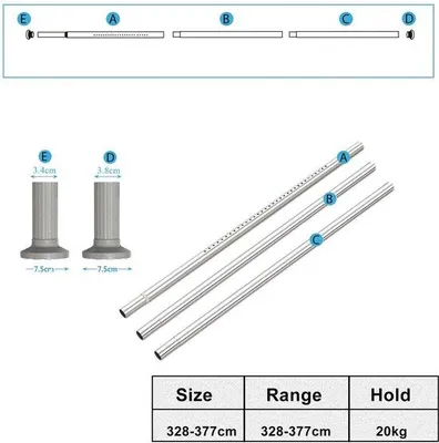 Obrázek produktu pro 328 cm - 377 cm, teleskopická tyč na závěsy – výsuvná ocelová tyč na závěsy pro okna a koupelny – teleskopická sprchová závěsa