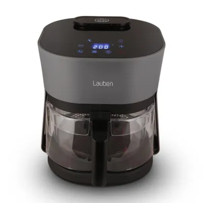 A black and gray air fryer with a glass basket is displayed on a white background.