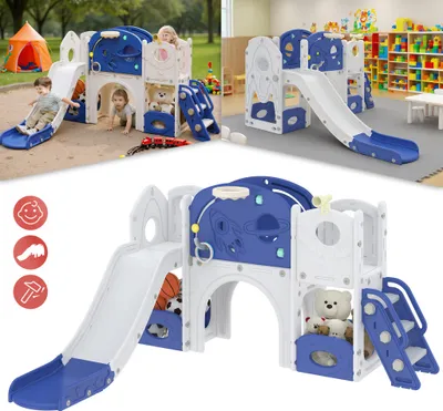 Produktbild von XINZI 8-in-1 Kinder Rutsche 1-3 Jahre, Babyrutsche mit Basketballkorb, Tunnel & Teleskop, Indoor/Outdoor Spielplatz mit Kletterleiter, Kunststoff