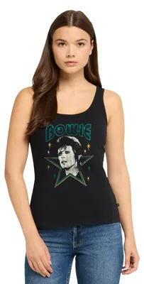 Produktbild von Spreadshirt David Bowie Schriftzug Mit Portrait Und Stern Frauen Premium Tank Top, M, Schwarz