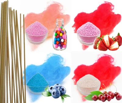 Produktbild von Aromazucker + 50 Zuckerwattestäbe für bunte Zuckerwatte 4x250g Set mit Geschmack | Bubble Gum, Erdbeer, Heidelbeere, Kirsche | Farbzucker Zucker für Zuckerwatte Zuckerwattemaschine Zuckerwattezucker