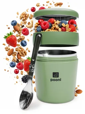 Image de Pot à muesli - Pot en plastique réutilisable pour yaourt à emporter avec cuillère - 500 ml + 150 ml - Vert pastel