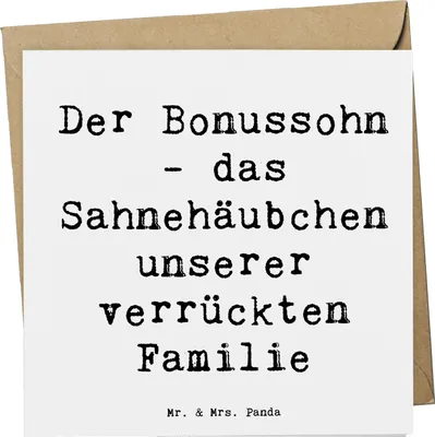 Produktbild von Mr. & Mrs. Panda Grußkarte Spruch Der Bonussohn - Weiß - Geschenk, Verwandte, Familienbindung, Patchworkfamilie, Stiefsohn, einzigartige Designs, Klappkarte, faltkarte