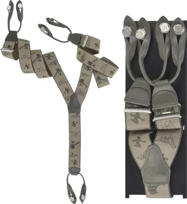 Produktbild von Dethloff Hosenträger Y-Form Holländer Jagdmotiv oliv 120cm 36mm breit Leder mit Knöpfen