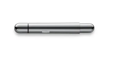 A sleek, silver pen is presented against a clean white background.