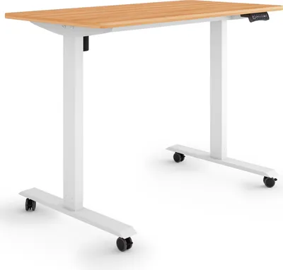 Produktbild von ESMART Germany ETX-121WM 120 x 60 cm Ahorn-Nachbildung Ergonomischer Steh-Sitz-Schreibtisch auf Rollen Stufenlos elektrisch höhenverstellbar 78,5 - 128,5 cm 3x Memory Aktivitätserinnerung Soft-Start/Stopp