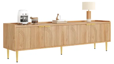 Immagine prodotto di Mobile basso Moonbite con ante sagomate, mobile TV da 170 cm, maniglie dorate, gambe in metallo, passacavi, pannello in MDF, finitura naturale