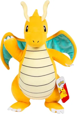 A plush toy of the Pokemon character Dragonite is shown standing against a white background.