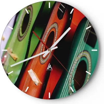 Produktbild von Wanduhr - Rund - Glasuhr - Gitarre Musik Instrument - 40x40cm - Schleichendes Uhrwerk - Lautlos - zum Aufhängen bereit - Dekoration Modern - Wanddekoration aus Glas - C3AR40x40-2113