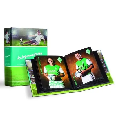 A photo album for autographed cards, featuring images of soccer players.