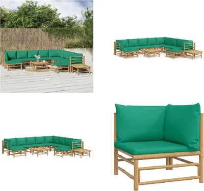Produktbild von vidaXL 12 tlg. Garten Lounge Set mit Grünen Kissen Bambus - Garten Lounge Set - Garten Lounge Sets - Lounge Set - Gartenmöbel Set