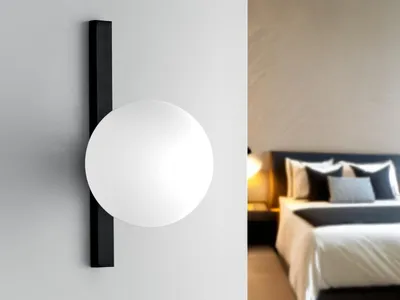 Produktbild von Ausgefallene LED Wandleuchte Schwarz mit Glaskugel in Opalweiß, Höhe 28cm