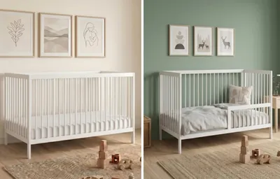 Produktbild von Kids Collective Babybett Kinderbett Gitterbett Baby Bett mit Rausfallschutz 60x120 70x140 stabiles Buchenholz, Europe 60x120 cm Weiß