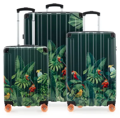 Immagine prodotto di HAUPTSTADTKOFFER Q-Damm - set di valigie 3 pezzi, set di valigie, valigia a guscio rigido robusta, estensione a 4 ruote, bagaglio a mano e trolley da check-in, Jungle Edition, Pappagalli