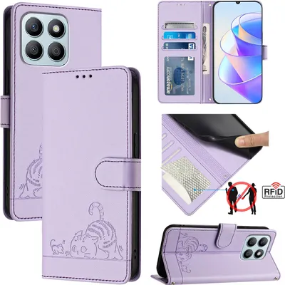 Produktbild von Leder Hülle für Honor X6a Süße Katze Flip Case Brieftasche Schutzhülle mit Standfunktion Lila