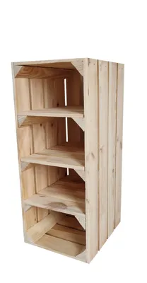 A wooden shoe rack with four shelves against a white background.
