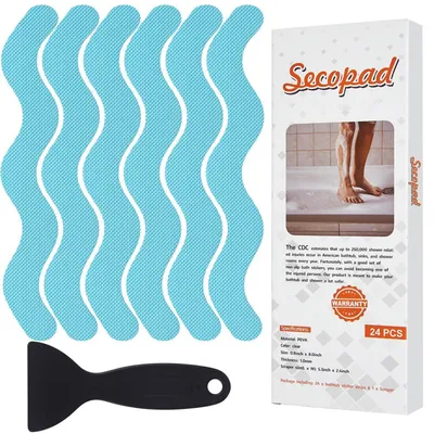 Obrázek produktu pro Protiskluzové nálepky, 24 kusů, bezpečnostní pásky, modré, rozměry 2x20 cm, s odstraňovačem, vhodné do vany, sprchy a na schody