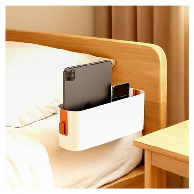 Produktbild von Bett Organizer zum Einhängen, Wickeltisch Organizer, robuster Nachttisch Caddy, mit 2 abnehmbaren Haken, für Wohnheim, Familie, Büro, Weiß
